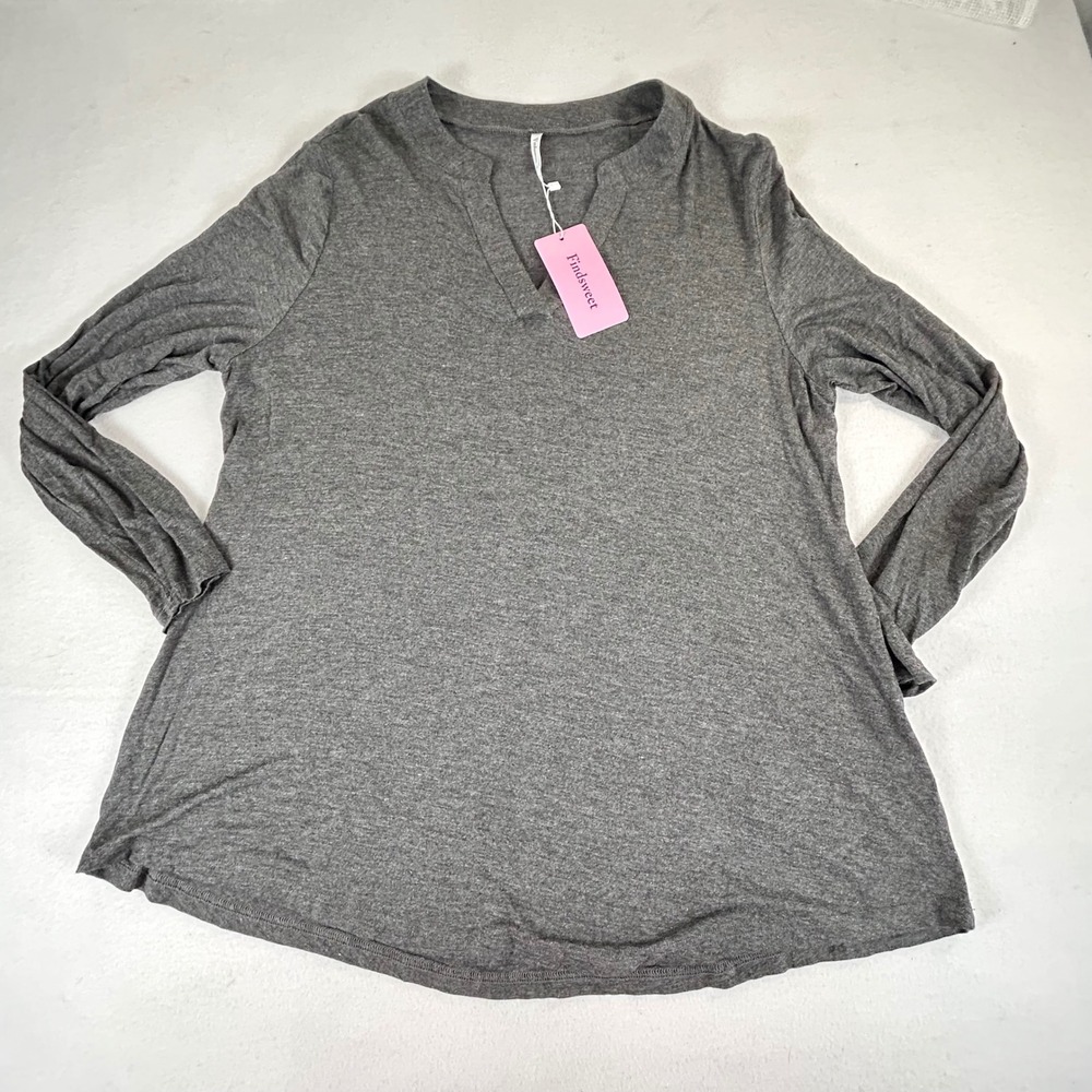 Findsweet Womens Gray Heathered Long Sleeve Split V-Neck Tunic Top 2XL NEW